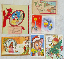 6 x Vintage Christmas Cards Victorian Lady Dog Cracker Robin Hand-Drawn Postcard