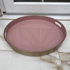 Large Metal round Serving tray with pink enamel surface and gold metal rim- 45cm
