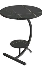 Marble Effect Side Table 2-Tie Round Slate Coffee Table with Metal Frame 
