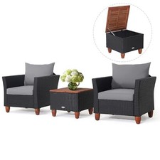 COSTWAY 3 PCS Outdoor Wicker Bistro Set Garden Patio Rattan Sofa Set w/Cushion