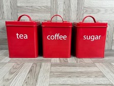 Tea, Coffee, Sugar Cannisters - Red Metal - Lids - Kitchen Storage -- Drinks