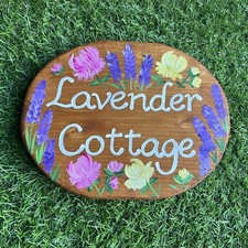 Personalised Oval Lavender & Rose Peony House Plaque, Cottage Sign, Hand Painted