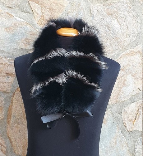 Genuine black fox fur collar - black,