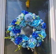 Handmade Spring Door Wreath – Blue Floral Garland with Faux Blooms