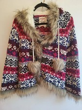 Falmer Heritage Puruvian Style Knit Hooded Cardigan Y2K Faux Fur Women Size 12