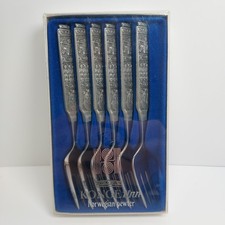 Vintage KONGE TINN Norwegian Pewter # 390  6  Dessert Forks Viking Motif