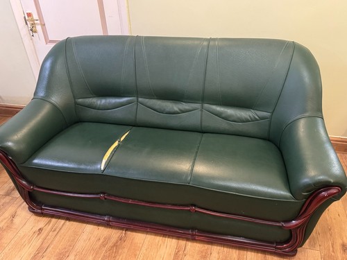 Green leather sofa and arm - and, 2