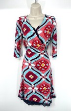 N&WILLOW Blue Red Soft Thin Jersey Retro Boho Crossover Wrap Dress UK 10 12 S M