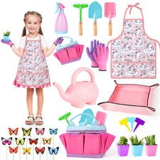 Kids Gardening Tool Set Include Safe Shovel Canvas Tote Pink Kit for Toddler 3+
