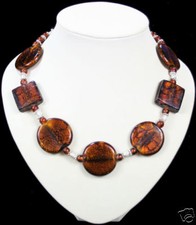 DARK BROWN AMBER silver foil MURANO GLASS BEAD NECKLACE