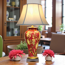 Chinese Jar Table Lamp with Pale Shade - Red Jasmine Blossom