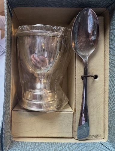 Silver egg cup - egg, spoon