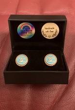 Vintage CHANEL Button Earrings - Turquoise Enamel & Gold Tone CC Logo