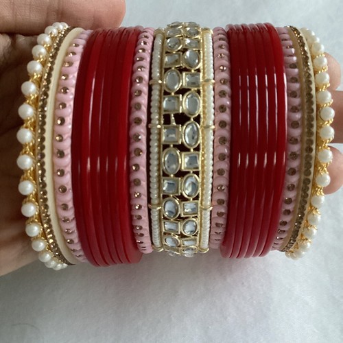 Red pink gold choora - gold, bangles