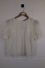 Women's ZARA White Short Sleeve Floral Stitching Blouse Size UK S CG ZZ2