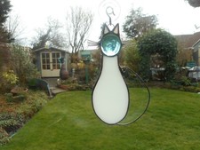 Stained Glass White Cat Suncatcher or Wall Mount. 