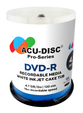 100 x ACU-DISC Pro-Series DVD-R White Inkjet Printable 16x 4.7GB 120min Cake Tub