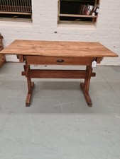Pine Farmhouse Kitchen Table  3 Plank Top With Trestle Legs & Underneath Draw
