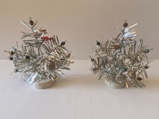 Vintage Silver Tinsel Mini Christmas tree on ceramic bases & mercury Glass beads