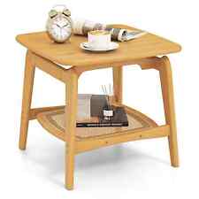 COSTWAY Side Table Bamboo Sofa Side Table w/Faux Rattan Storage Shelf-Natural
