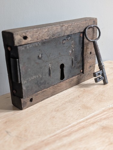 Antique oak door lock and - antique, key