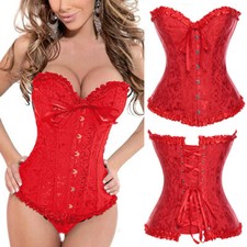 Women Burlesque Basque Black Overbust Boned Lace Up Corset Top Costume Size 6-24