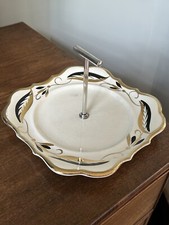 VINTAGE 1950s SANDLAND WARE cake plate stand black and gold lustre with handle