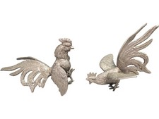 Set of Two Decorative Metal Rooster Sculptures Detailed Ornamental Figures