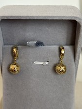 18k Real Japan Yellow Gold Diamond Cut Dangling Earrings