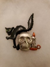 JJ Jonette Jewelry Black Cat/Skull/Candleholder Pewter Halloween Brooch Pin 2"