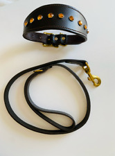 Vegetable Tan Brown Rhinestone Studded Leather Dog Collar and Leash