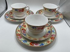 VINTAGE MELBA WARE 3 TRIOS CUP SAUCER + PLATE - FLOWERS ON YELLOW BAND PATTERN