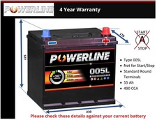 Car Battery 005L Powerline 005L 490A 55Ah 4Yr Warranty 230x170x225