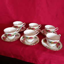 VINTAGE SET OF SIX, ARGYLE BONE CHINA, 'ROSE GARDEN' TEA CUPS & SAUCERS