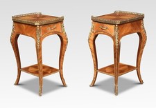 Pair of Walnut and Brass Bedside Nightstands | Cabriole Legs, Leather Slide