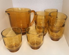 Vintage Amber Glass Jug with 8 Tumblers Glasses Water Pitcher