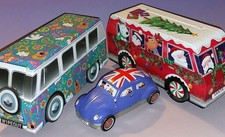 3 Novelty Biscuit Tins 2025 VW Campervan Surfer & Xmas + M&S Car Tin 