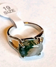 Handmade, Silver Plated, Natural Stone Moss Agate Ring, Size 19, Green