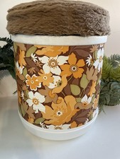 Vintage Retro 1970's PLYSU Brown Floral Flower Storage Stool Laundry Bin Basket