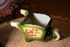 Vintage Staffordshire Planter Wheelbarrow Ceramic Porcelain Roses Green