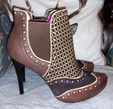 Poetic Licence brown leather & fabric patterned ankle high heel boots UK 6.5 40