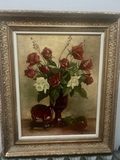 OIL PAINTING 1955 Still Life RED ROSES IN THE VASE VINTAGE FRAMED