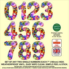 2 Floral Wheelie Bin Number Stickers - 7" high - Strong Vinyl - Abstract Flowers