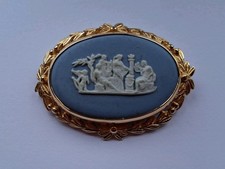 VINTAGE OVAL BLUE WEDGWOOD JASPER WARE SILVER BROOCH pin classical sterling