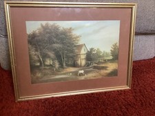 Framed Small Farm With Trees, House, Horse,stream Print / Painting By R. Cavalla