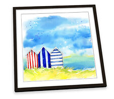 Seaside Beach Huts Blue FRAMED ART PRINT Picture Square Artwork
