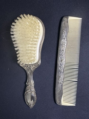 Vintage silver tone hair brush - tone,