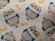 4.5 Metres  100% Cotton Premium Craft Fabric  Owls On Oatmeal Linen Effect