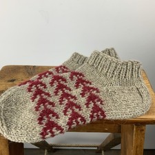 Hand Knitted Oatmeal & Red Colour 100% Wool Ankle Bed Socks UK6