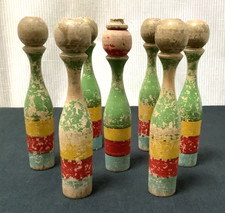 Set of 7 Vintage French Wooden 6 1/2” Skittles. Aged Patina.Original. Home Decor